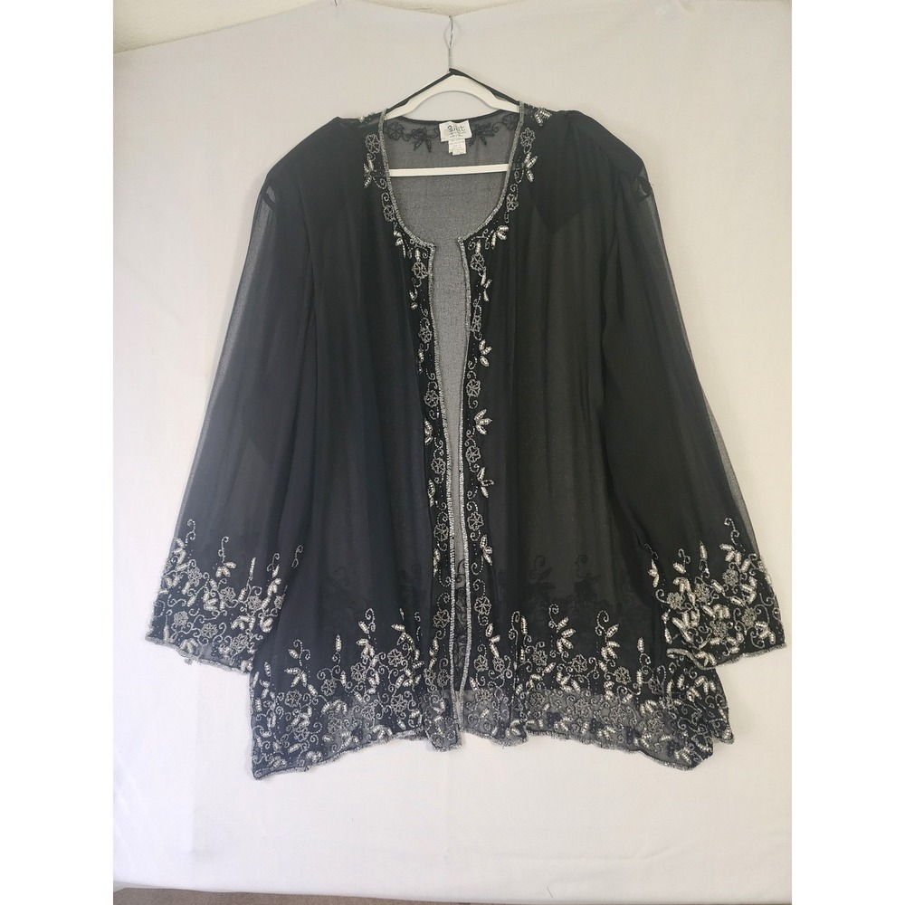 Gunit Fashions Black Beaded Sheer Mesh Cardigan Jacket Plus Size‎ 7X Vintage